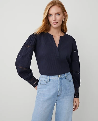 Ann Taylor Lace Trim Popover Top Night Sky Women's