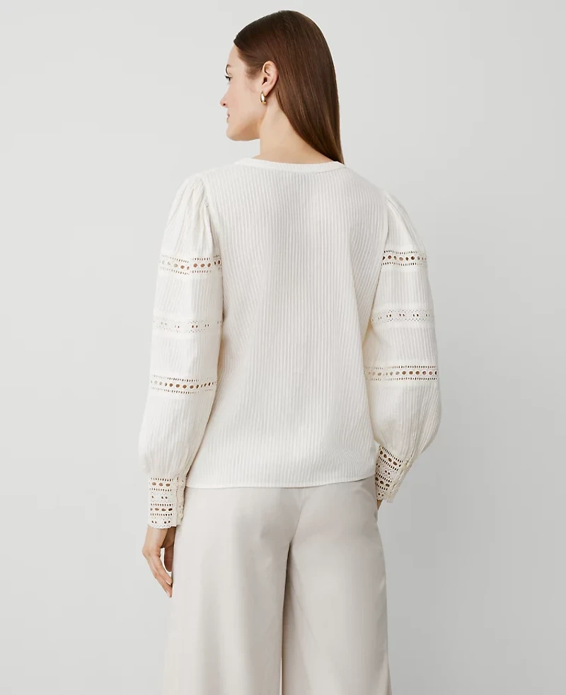 Ann Taylor Lace Trim Popover Top Winter White Women's