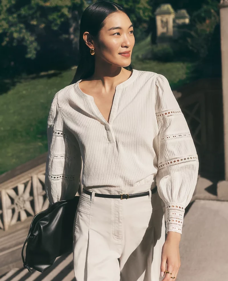 Ann Taylor Lace Trim Popover Top Winter White Women's