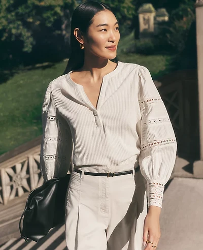 Ann Taylor Lace Trim Popover Top Winter White Women's