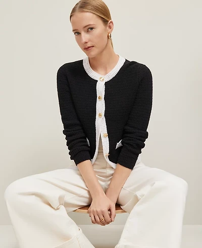 Ann Taylor Colorblock Curved Hem Sweater Jacket Size XS Black/White Women's