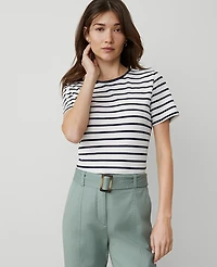 Ann Taylor Striped Crew Neck T-Shirt Winter White Women's