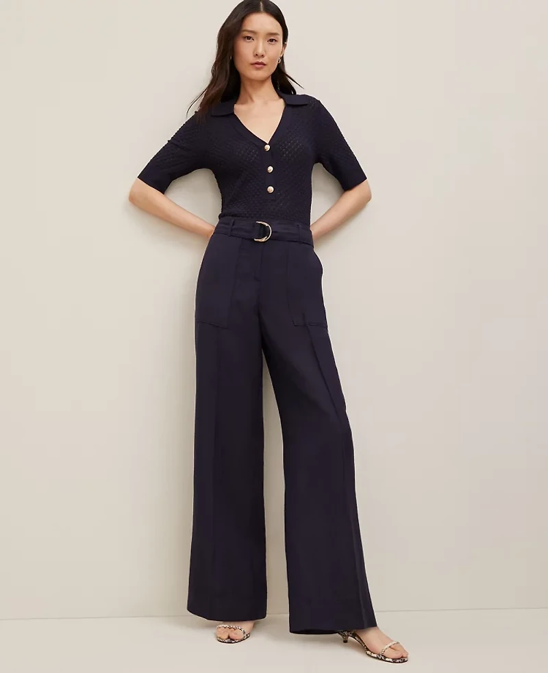 Ann Taylor The Belted Wide-Leg Pant Linen Blend Night Sky Women's