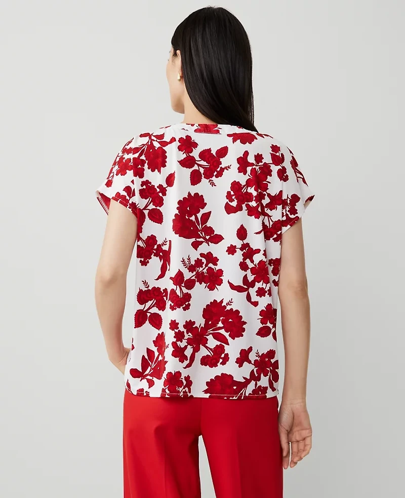 Ann Taylor Tropical Mixed Media Pleated Top Bright Cherry B Women's