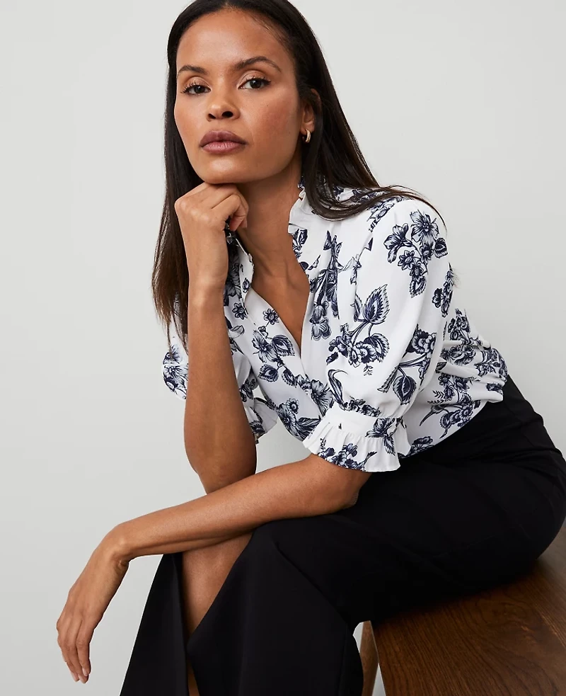 Ann Taylor Toile Silky Ruffle Collar Blouse Size XS Night Sky Women's