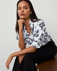 Ann Taylor Toile Silky Ruffle Collar Blouse Size XS Night Sky Women's