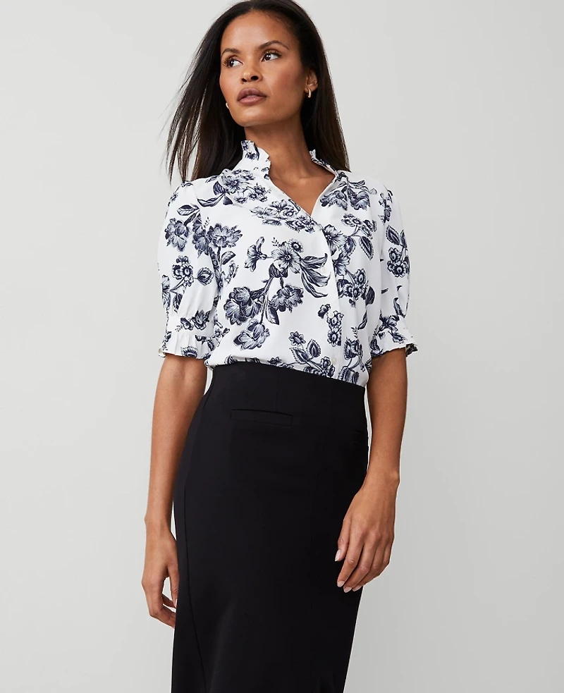 Ann Taylor Toile Silky Ruffle Collar Blouse Size XS Night Sky Women's