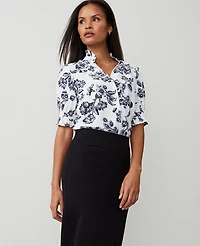 Ann Taylor Toile Silky Ruffle Collar Blouse Size XS Night Sky Women's