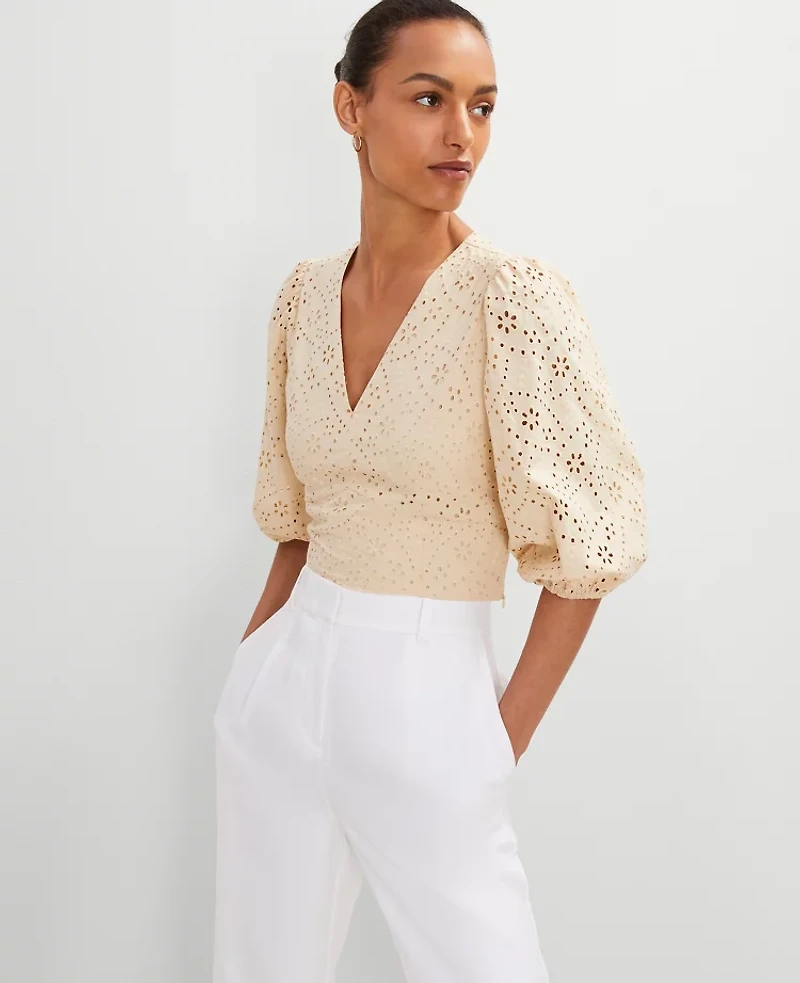 Ann Taylor Eyelet Puff Sleeve Blouse Sands Edge Women's