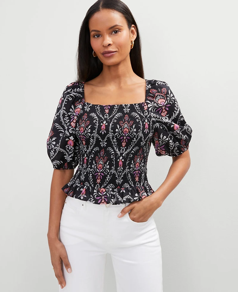 Ann Taylor Floral Square Neck Smocked Top Black Women's