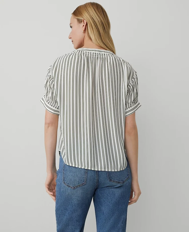 Ann Taylor Striped Puff-Sleeve Blouse Size Large Topiary Green Women's