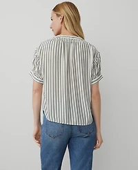 Ann Taylor Striped Puff-Sleeve Blouse Size Large Topiary Green Women's