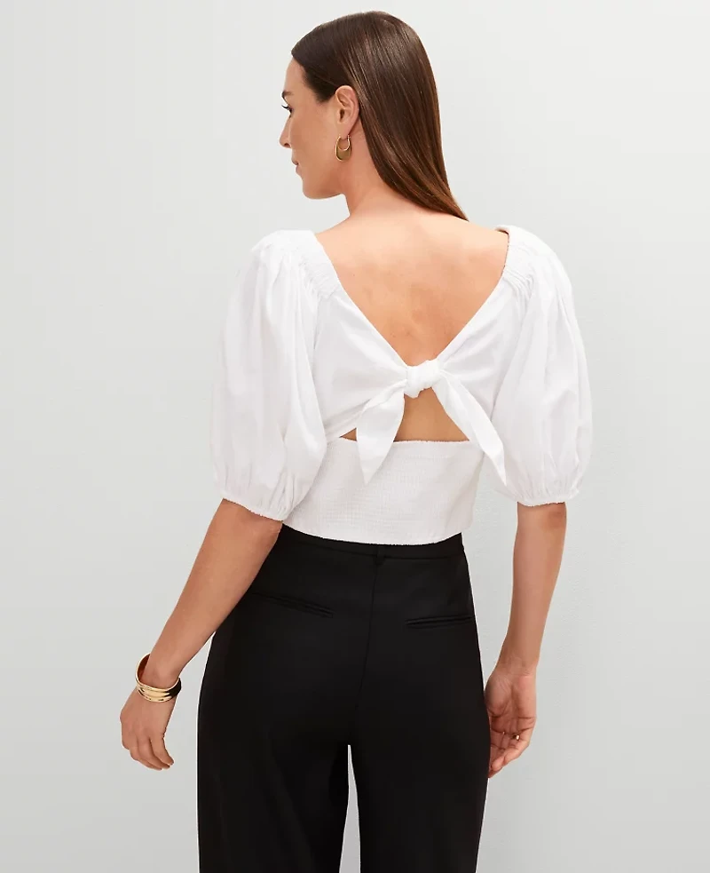 Ann Taylor Linen Blend Knotted Tie Back Blouse White Women's