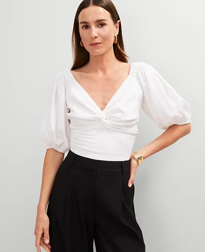 Ann Taylor Linen Blend Knotted Tie Back Blouse White Women's