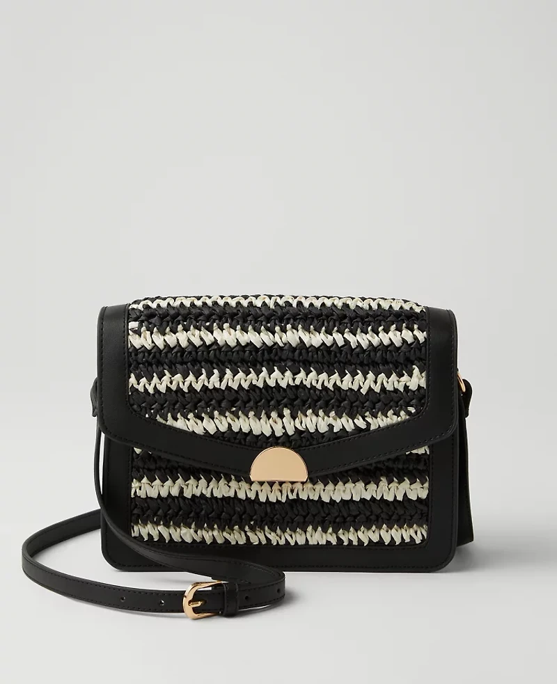 Ann Taylor Weekend Collection Striped Raffia Crossbody Bag Black Women's