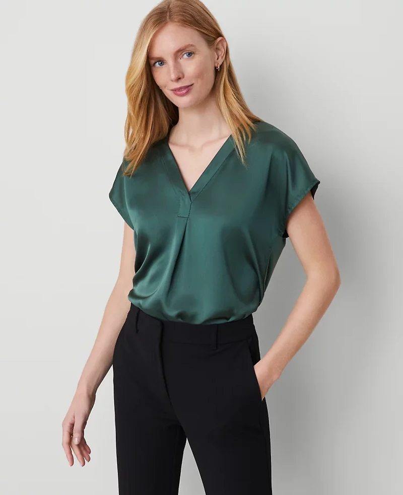 Ann Taylor Mixed Media Pleat Front Top Size Medium Dried Cilantro Women's