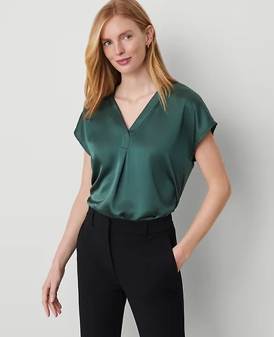 Ann Taylor Mixed Media Pleat Front Top Size Medium Dried Cilantro Women's