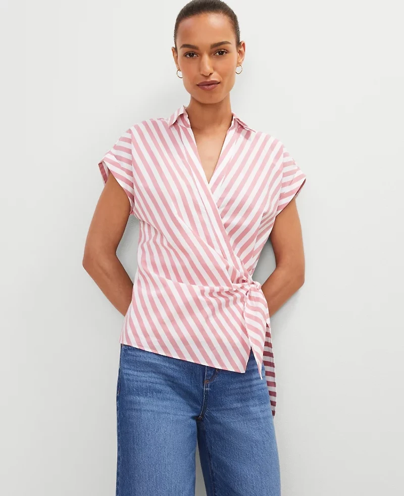 Ann Taylor Striped Collared Tie Waist Top Burnt Mauve Women's