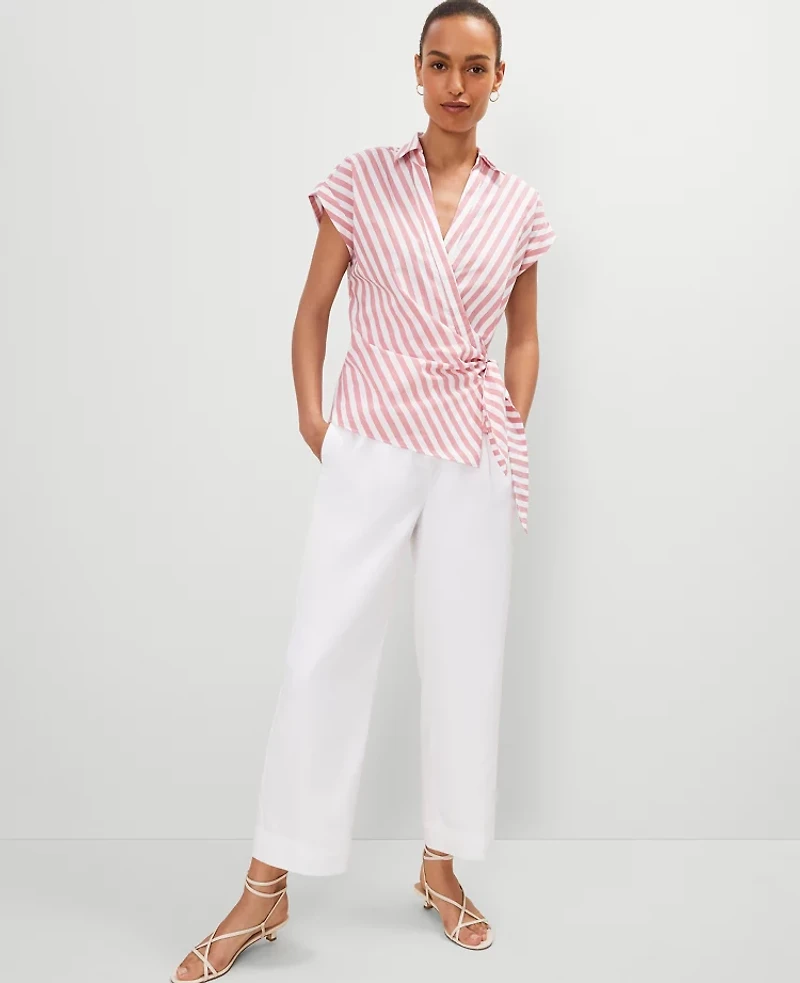 Ann Taylor Striped Collared Tie Waist Top Burnt Mauve Women's