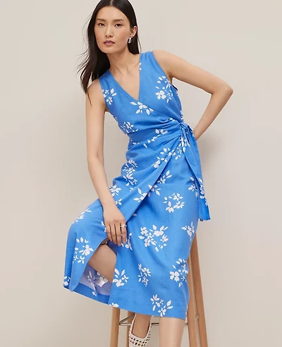 Ann Taylor Floral Linen Blend V-Neck Wrap Dress Maritime Blue Women's