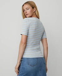 Ann Taylor Weekend Collection Striped Ribbed Henley Top Size XS Freesia Blue Women's