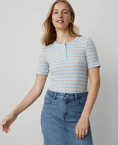 Ann Taylor Weekend Collection Striped Ribbed Henley Top Size XS Freesia Blue Women's