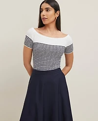Ann Taylor Textured Off-The-Shoulder Sweater Navy/White Women's