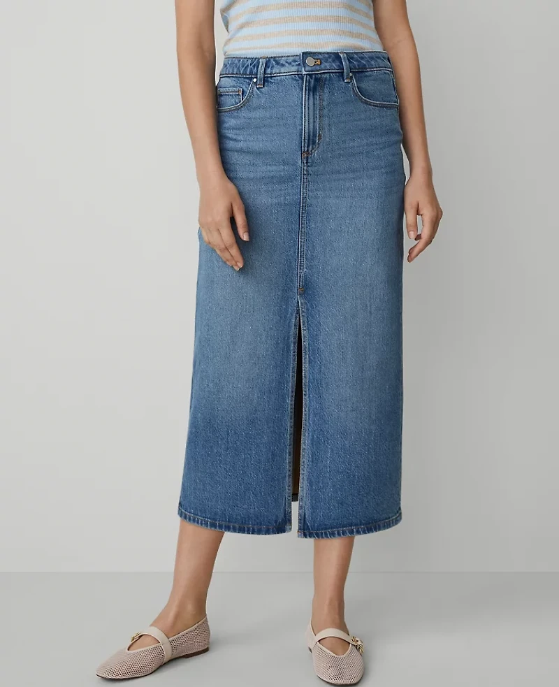 Ann Taylor Weekend Collection Denim Midi Skirt Size 14 Light Wash Women's