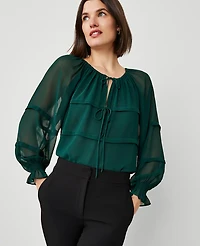 Ann Taylor Tie Neck Ruffle Blouse Rainforest Women's