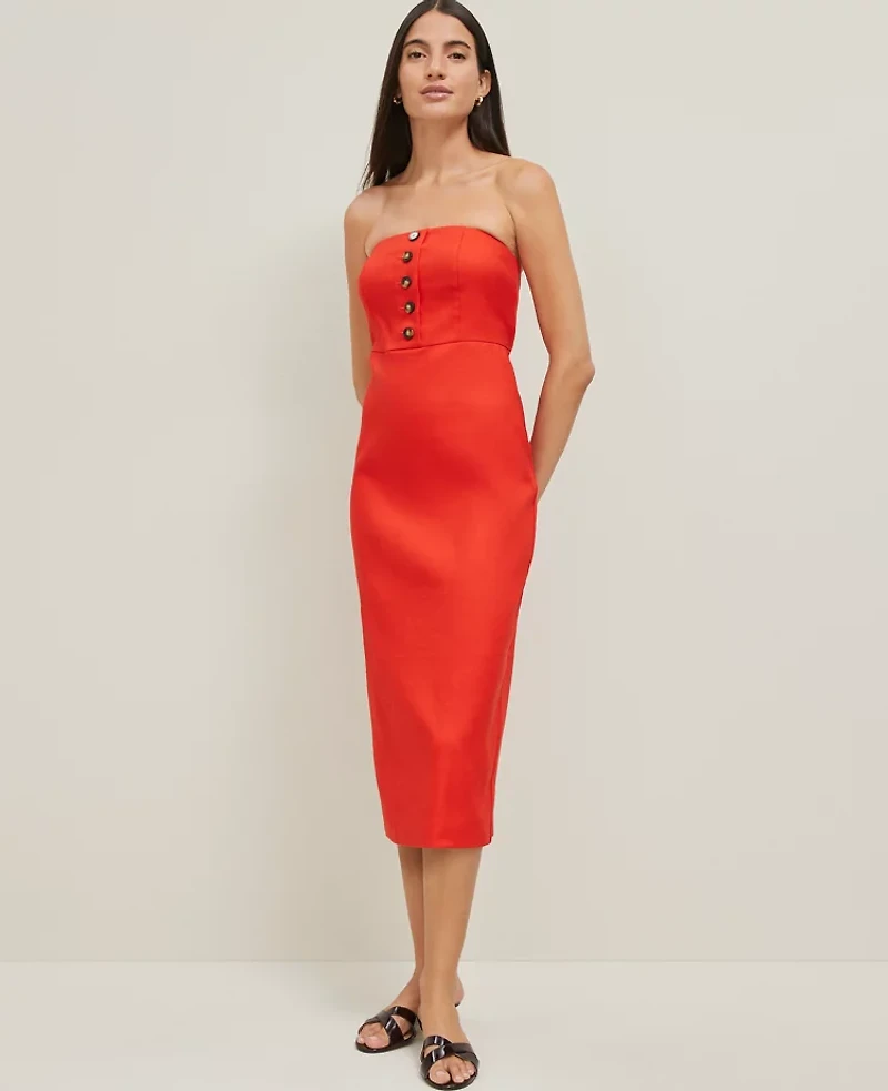 Ann Taylor The Buttoned Strapless Dress Linen Blend Fiery Red Women's