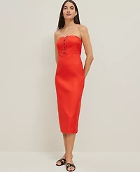 Ann Taylor The Buttoned Strapless Dress Linen Blend Fiery Red Women's