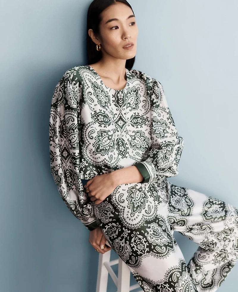 Ann Taylor Paisley Satin Shirred Bubble Top Dried Cilantro Women's