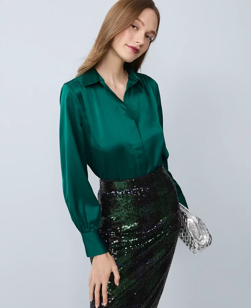 Ann Taylor Collared Shirred Yoke Button Down Shirt Women's