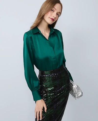 Ann Taylor Collared Shirred Yoke Button Down Shirt Women's