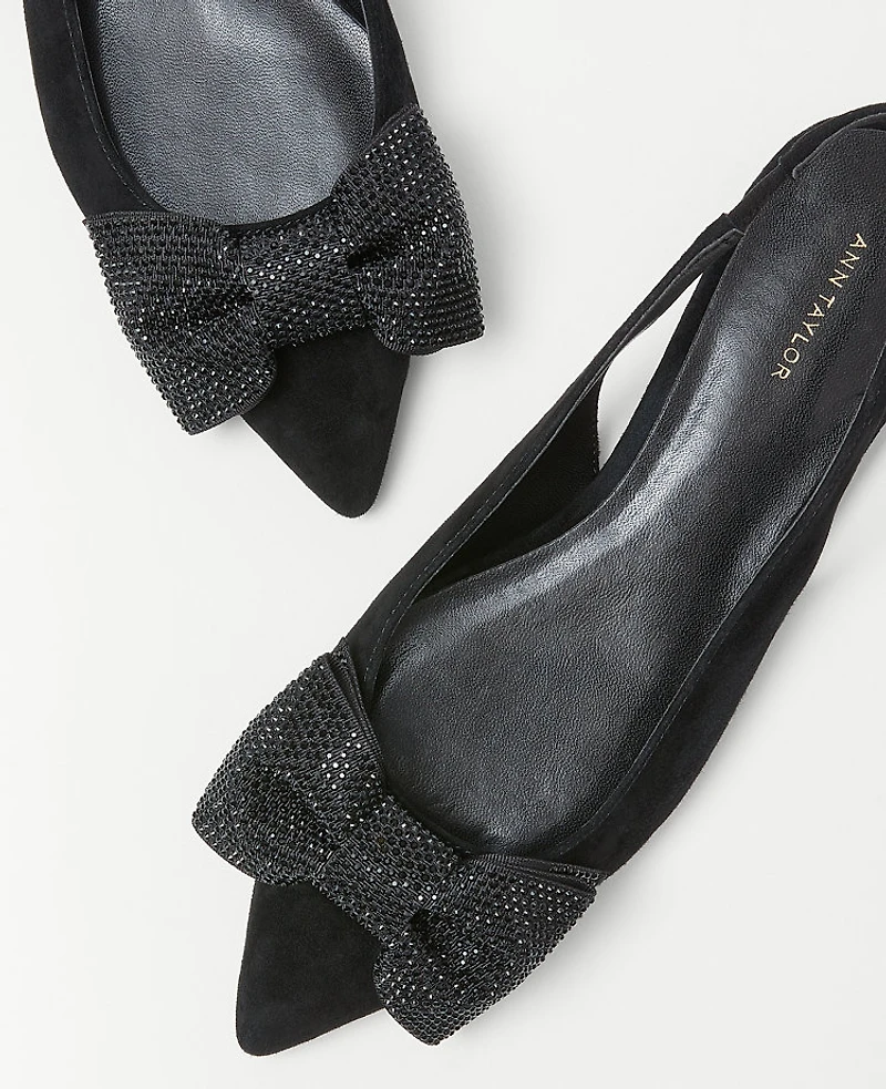 Ann Taylor Crystal Bow Pointy Toe Suede Slingback Flats Size 6 Black Women's