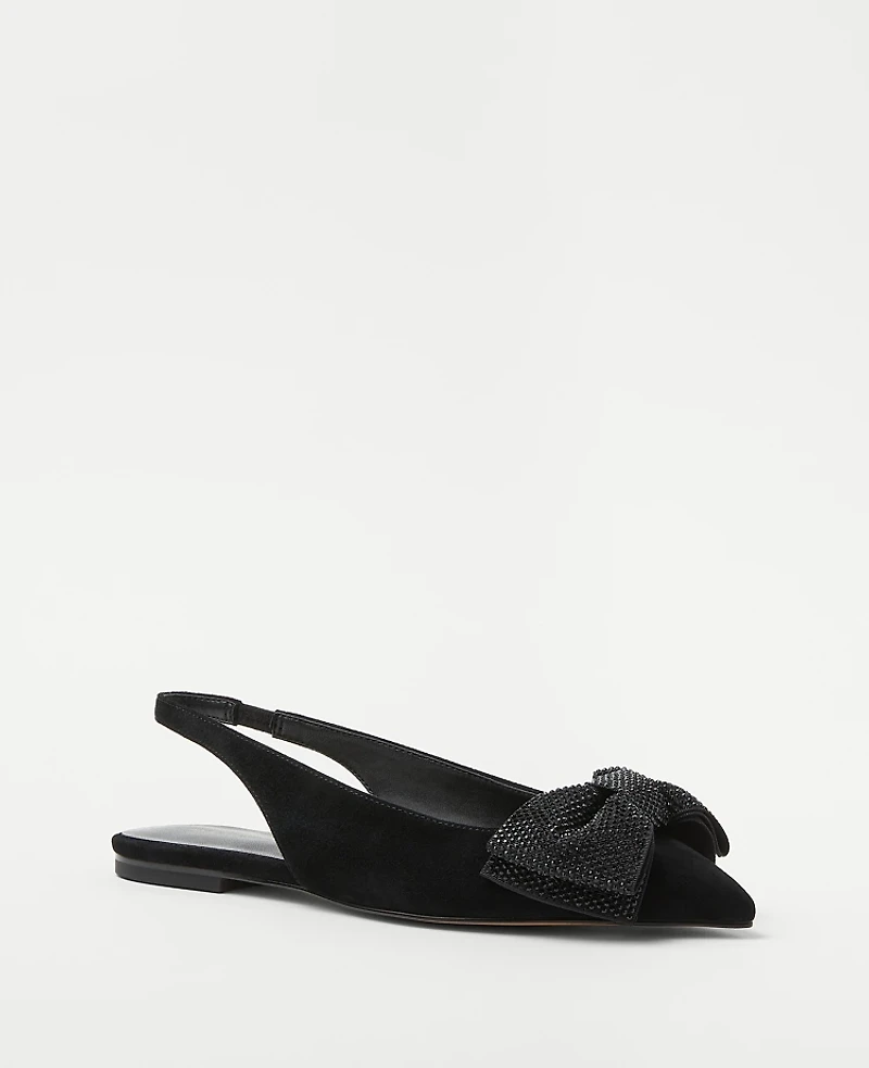 Ann Taylor Crystal Bow Pointy Toe Suede Slingback Flats Size 6 Black Women's