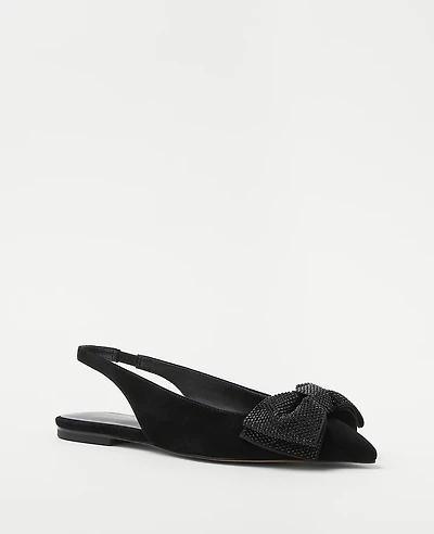 Ann Taylor Crystal Bow Pointy Toe Suede Slingback Flats Size 6 Black Women's