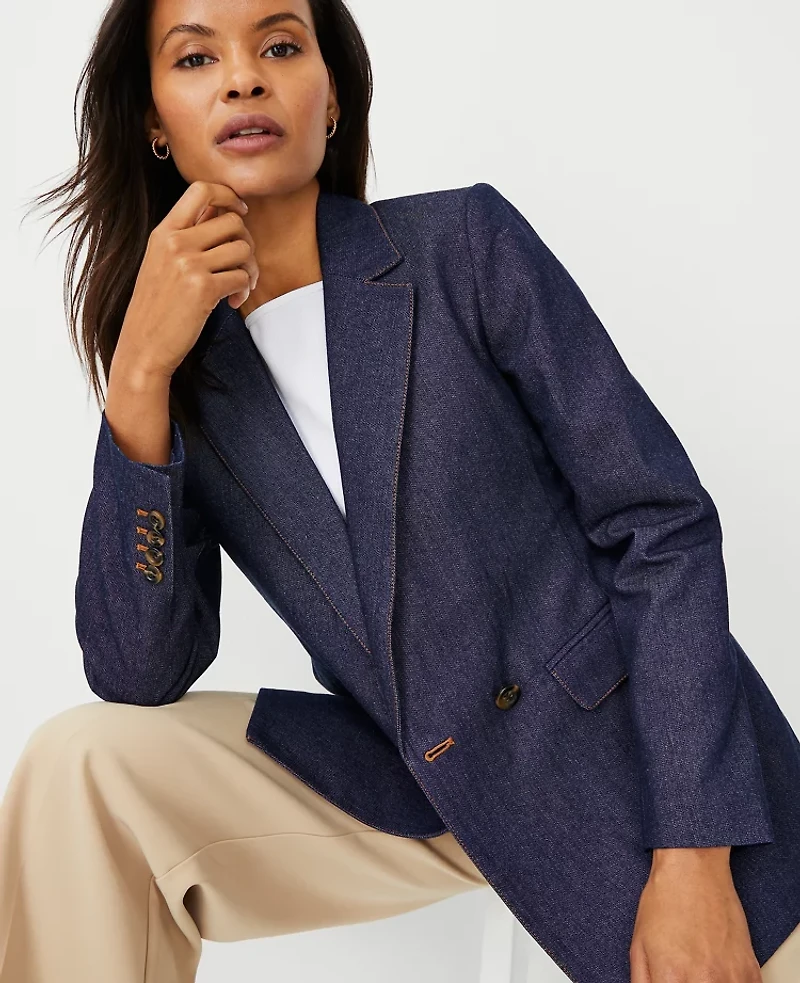 Ann Taylor The Long Double Breasted Blazer Size 0 Pure Indigo Women's