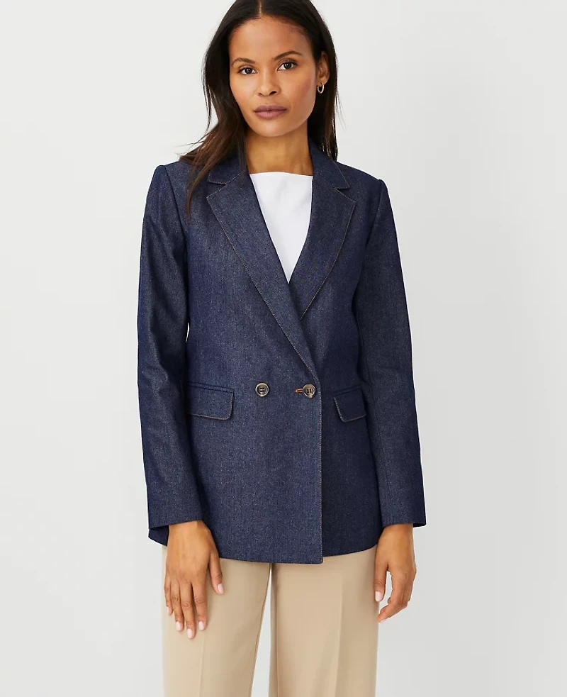 Ann Taylor The Long Double Breasted Blazer Size 0 Pure Indigo Women's