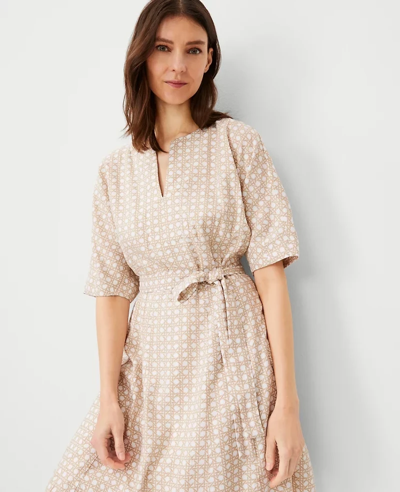 Ann Taylor Lattice Linen Blend Split Neck Flare Dress Size 0 Baguette Women's