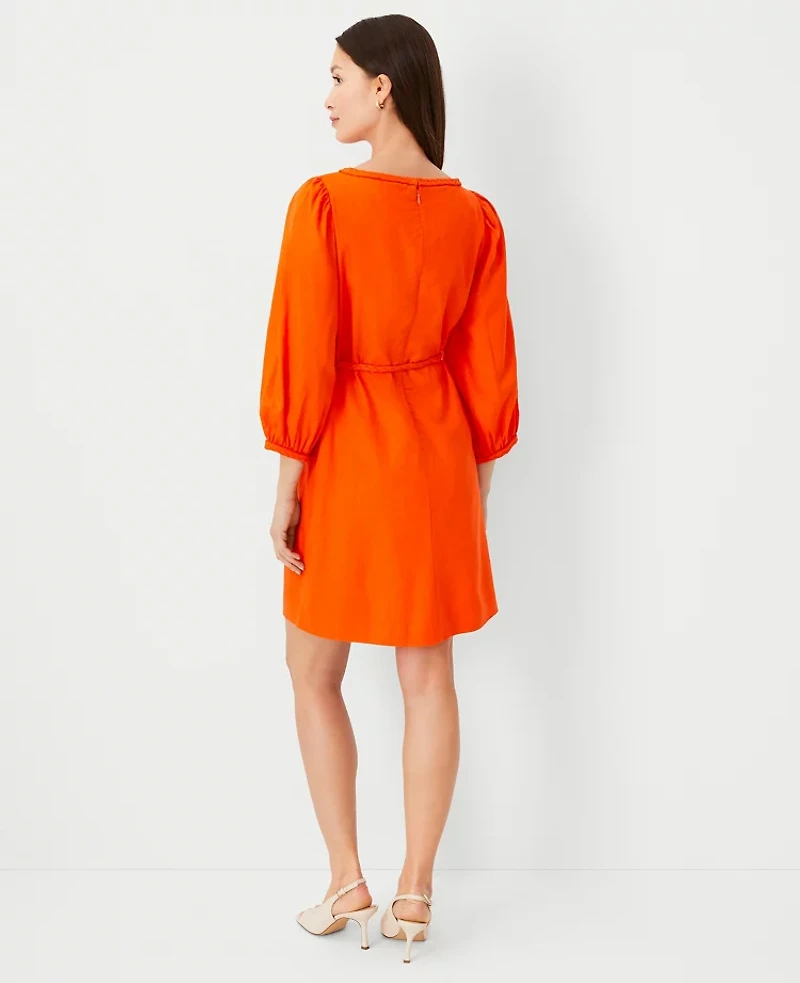 Ann Taylor Linen Blend Puff Sleeve Belted Shift Dress Size 0 Flame Azalea Women's