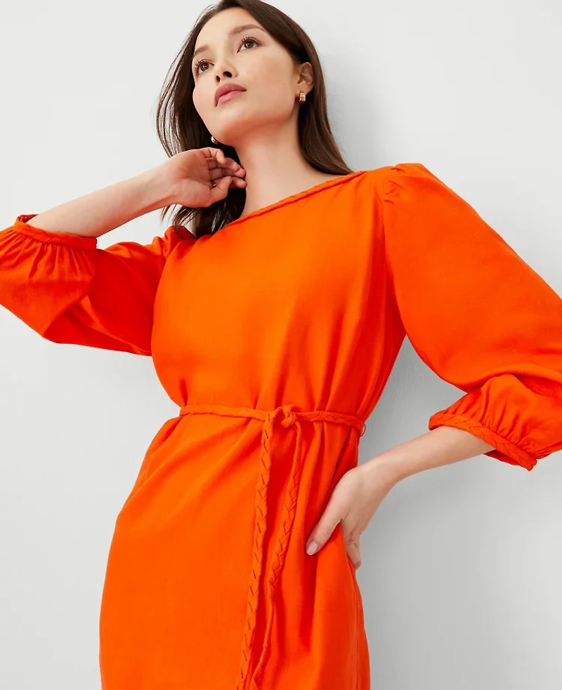 Ann Taylor Linen Blend Puff Sleeve Belted Shift Dress Size 0 Flame Azalea Women's