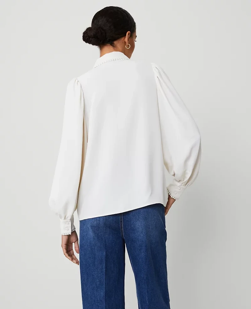 Ann Taylor Bobble Trim Collared Puff Sleeve Shirt Size XL Winter White Women's