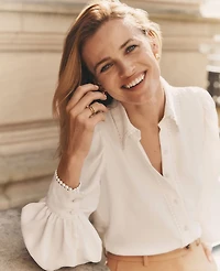 Ann Taylor Bobble Trim Collared Puff Sleeve Shirt Size XL Winter White Women's