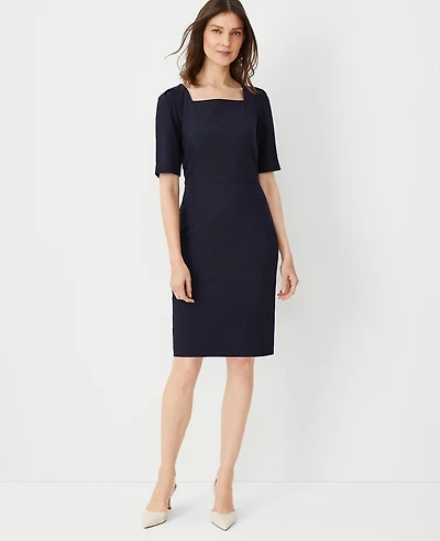 Ann Taylor The Petite Elbow Sleeve Square Neck Dress Seasonless Stretch - Curvy Fit Women's