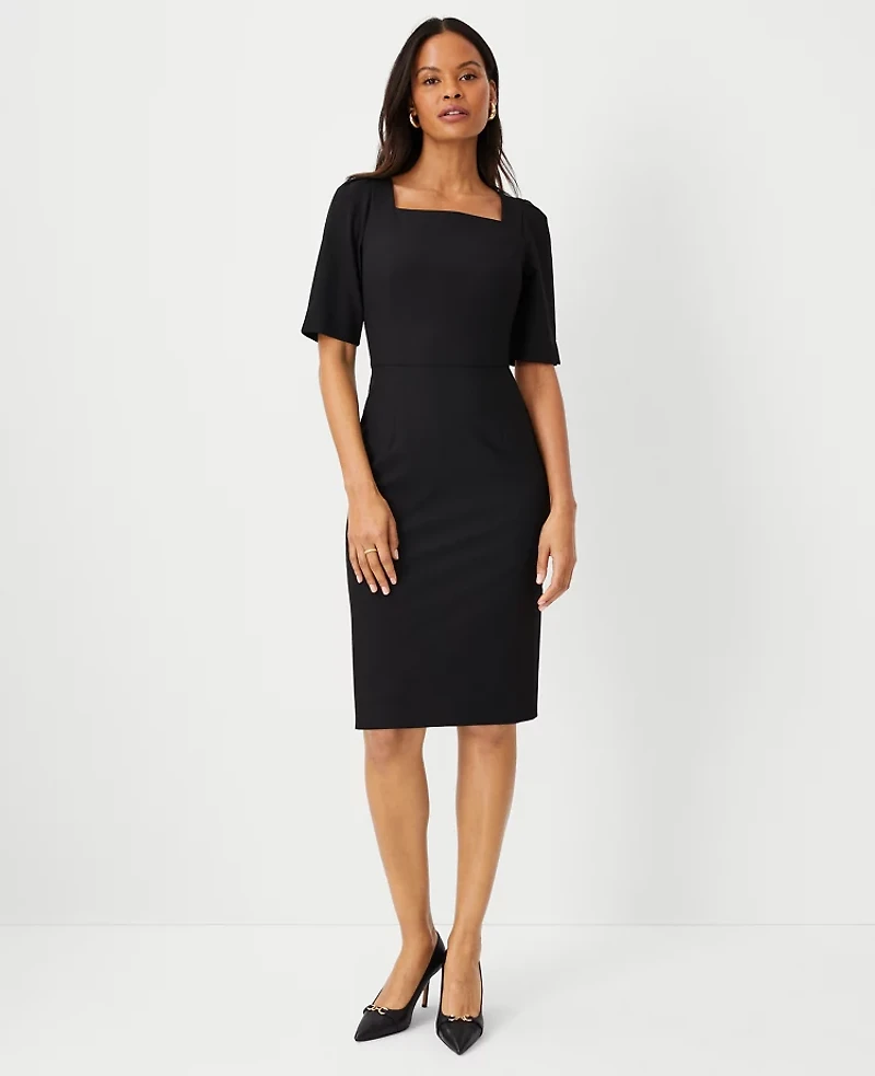 Ann Taylor The Petite Elbow Sleeve Square Neck Dress Seasonless Stretch - Curvy Fit Women's
