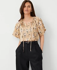 Ann Taylor Floral Shirred Tie Neck Button Popover Top Size XS Baguette Women's