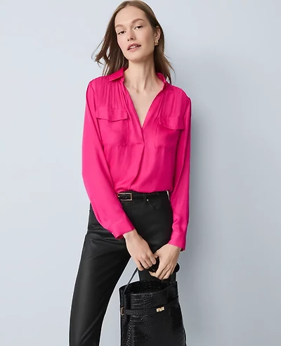 Ann Taylor Soft Drapey Camp Shirt Electric Pink Women's