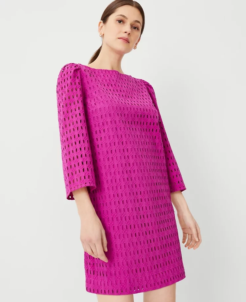 Ann Taylor Eyelet Boatneck Shift Dress Size XS Magenta Shadow Women's