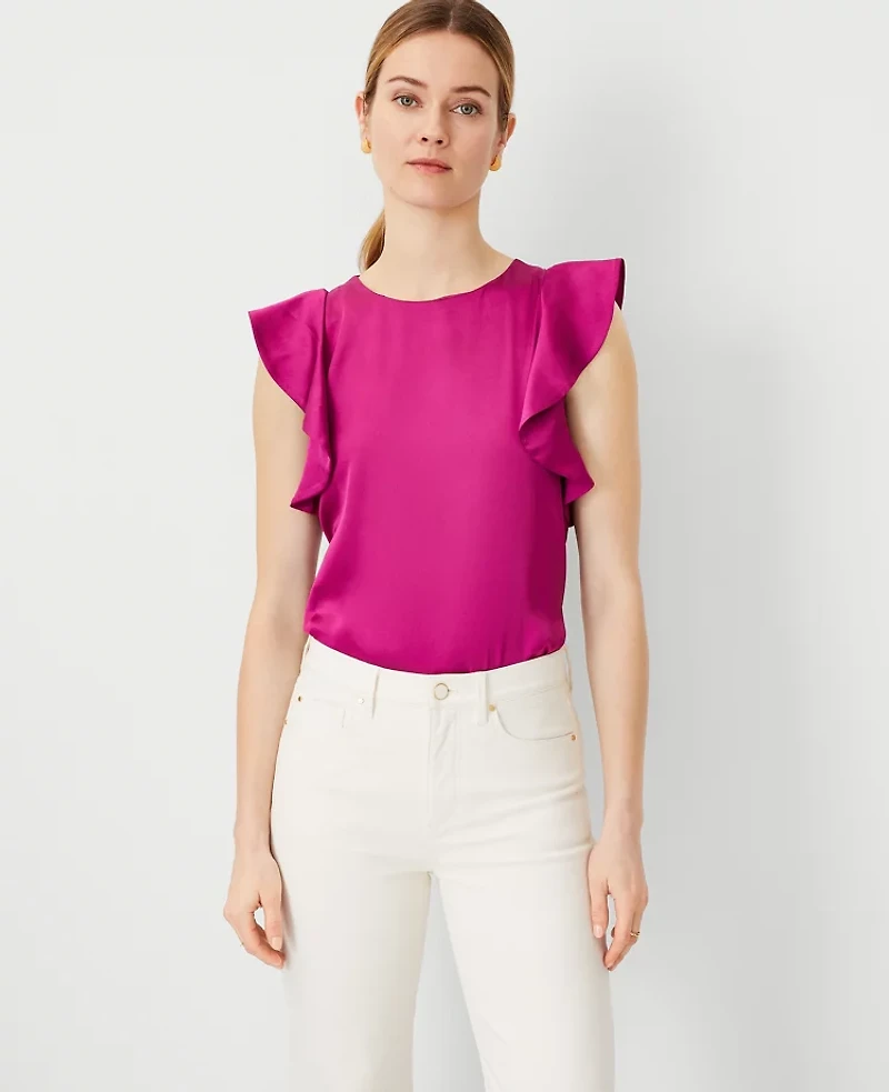 Ann Taylor Petite Ruffle Shoulder Top Magenta Shadow Women's